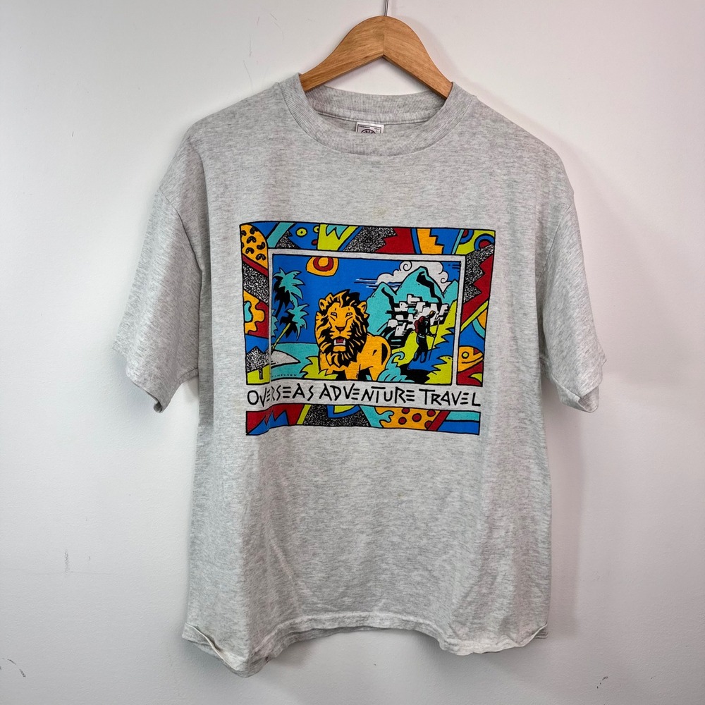 Vintage 90s Overseas Adventure Travel Lion Safari Graphic T Shirt Delta Large